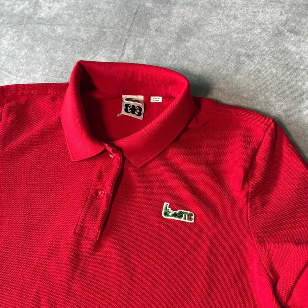 Lacoste Red Pique Polo Shirt Stylized Logo Patch Womens 44 Short Sleeve